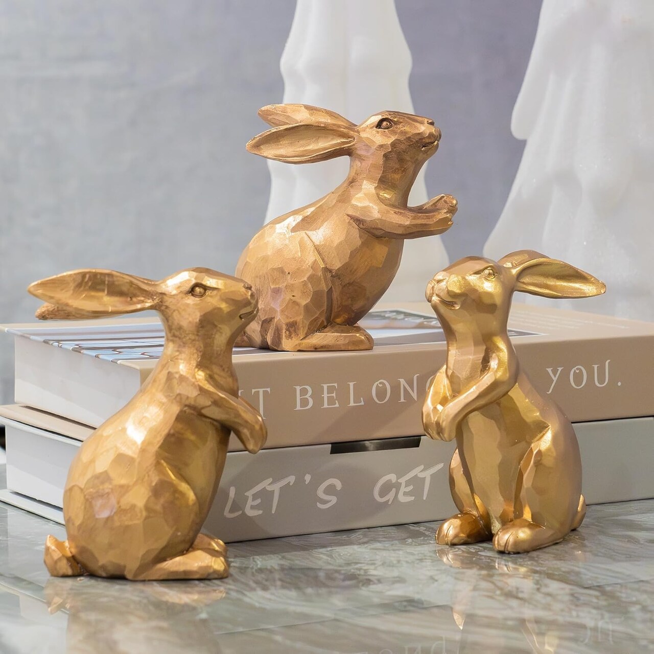Resin Vintage Gold Bunny Decor Rabbit Figurines, Small Easter Bunny Figurine Set of 3